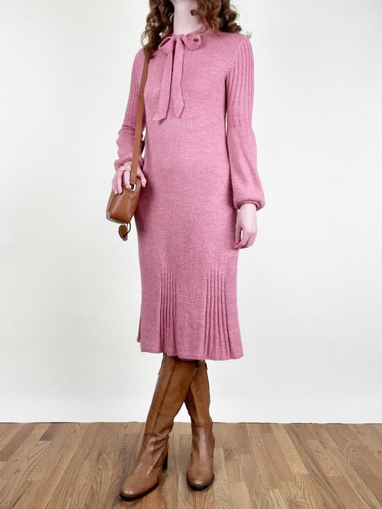 Vintage Dresses & Skirts - Vintage 70s Knit Midi Dress Long Balloon Sleeve Pussybow Feminine Coquette 1970s